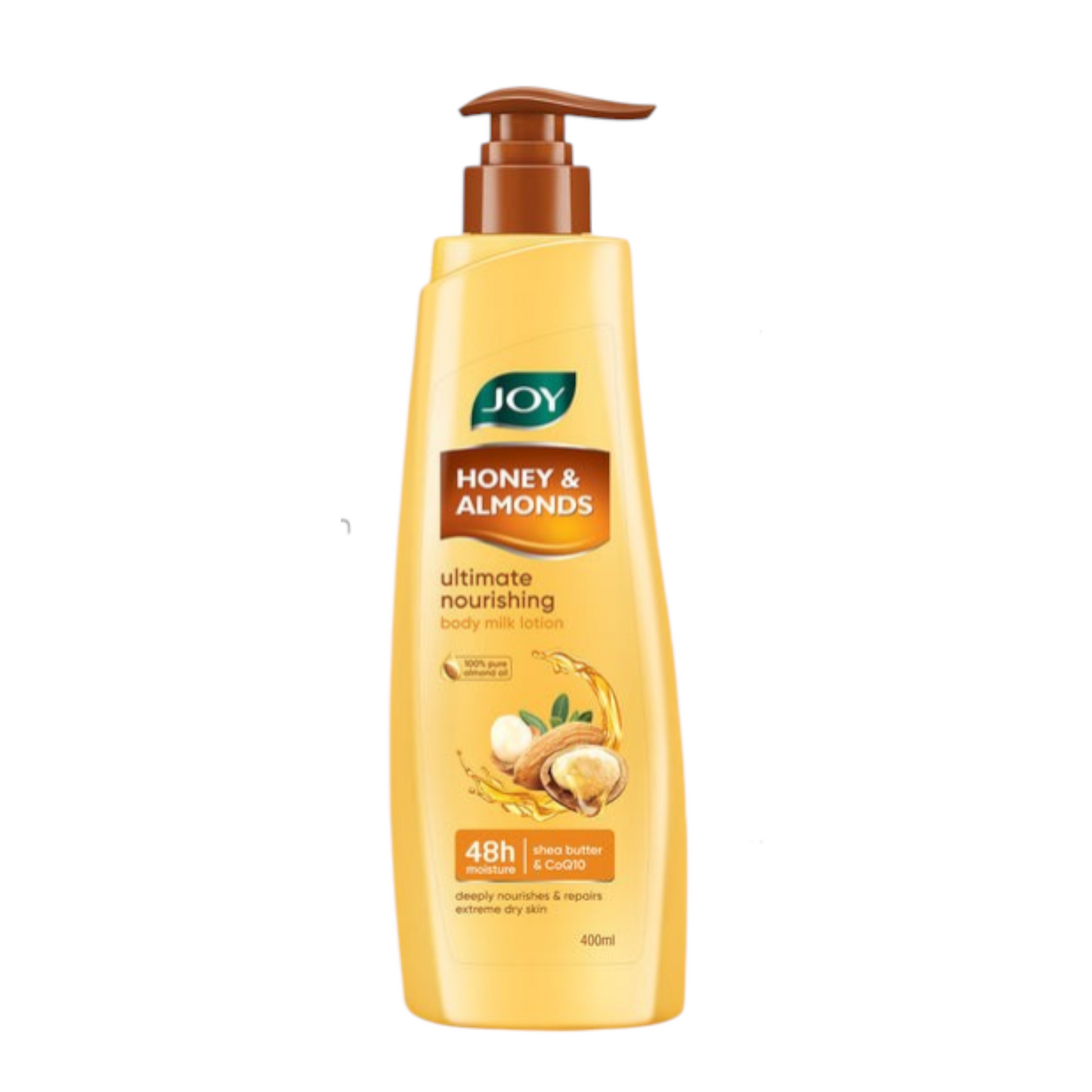 JOY Honey & Almonds body lotion bottle on a white background