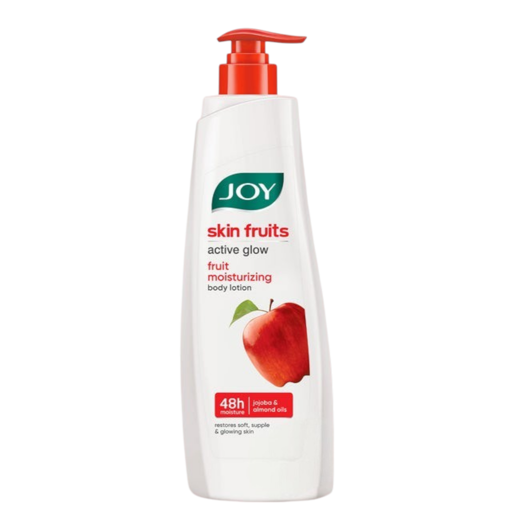 JOY skin fruits body lotion bottle with red pump on a white background