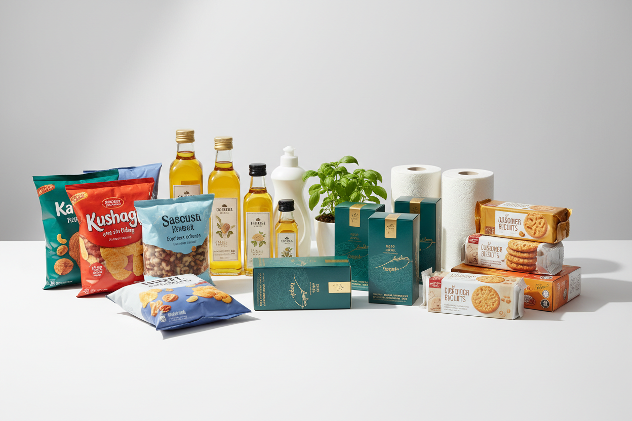 Modern grocery e-commerce banner featuring tea, biscuits, snacks, cooking oil, and daily essentials.
Clean and organized layout, bright natural lighting, white or light background, professional online store style.
No people, no text, suitable for Shopify homepage slider.